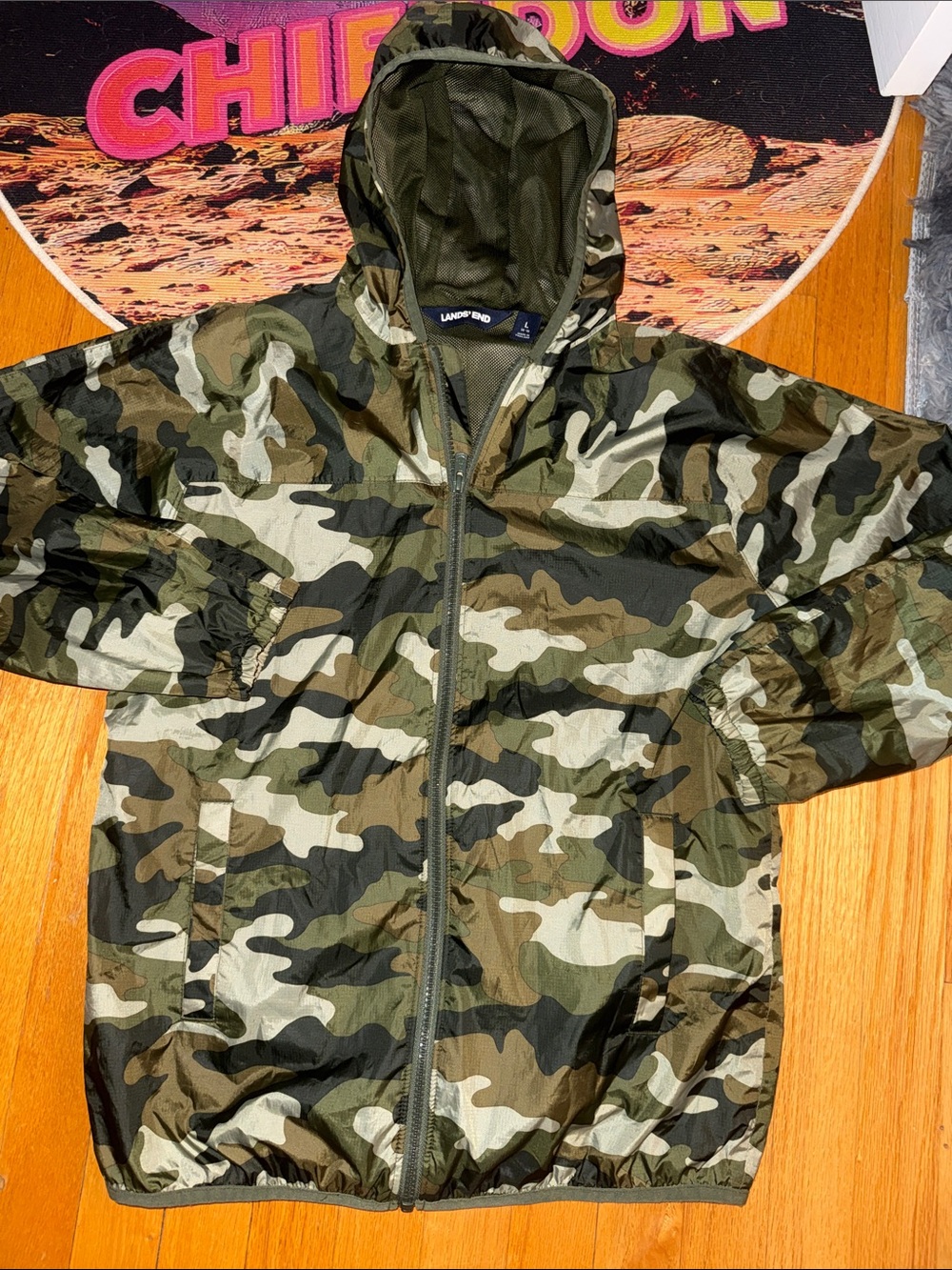 (KIDS) 14-16 - Lands' End Olive & Brown Camouflage Hooded Windbreaker